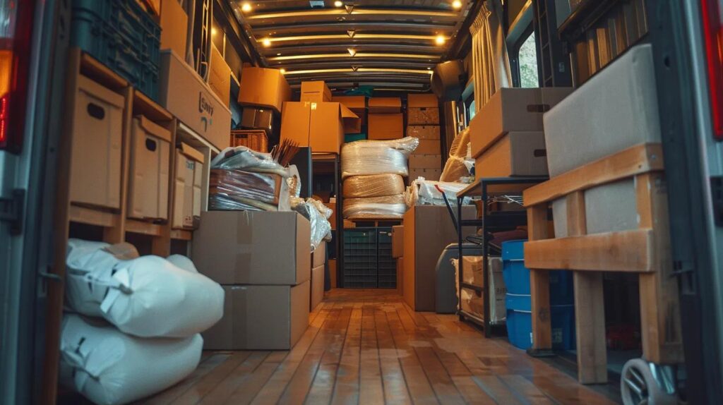 a meticulously organized moving truck's interior showcases well-labelled boxes and bubble-wrapped furniture, highlighting essential packing strategies for a long-distance move from alaska.