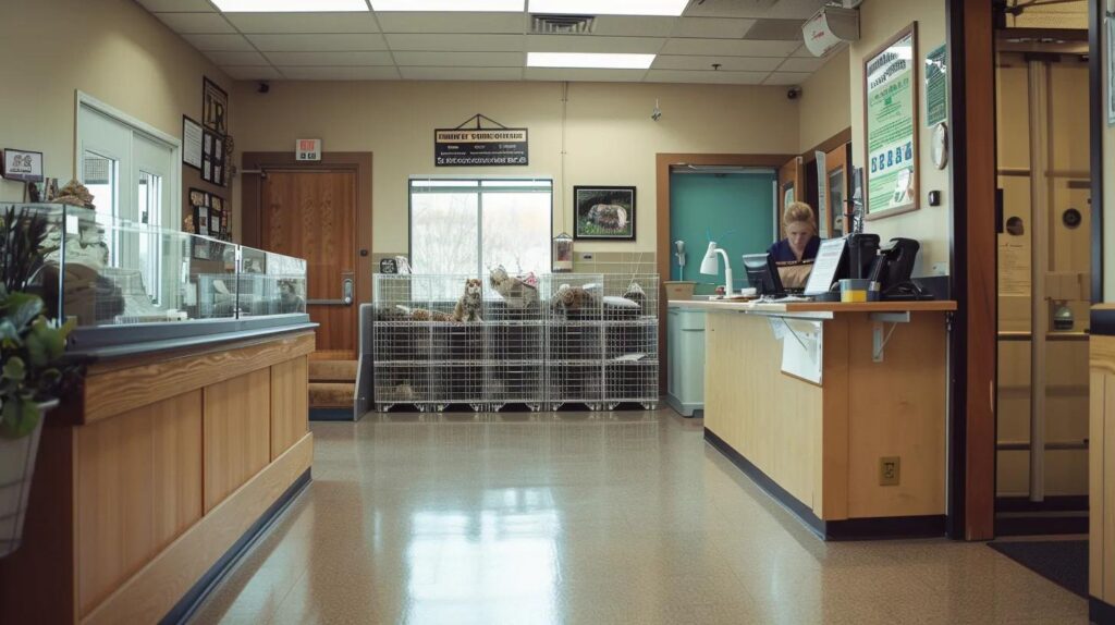 a well-organized veterinary clinic reception area showcases a welcoming and warm atmosphere, with pet crates neatly arranged and a friendly staff member attending to pet owners preparing for their move to alaska.