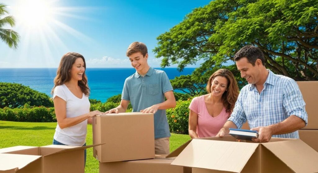 Family excitedly preparing for a long-distance move to Hawaii, surrounded by packed boxes and a beautiful tropical backdrop