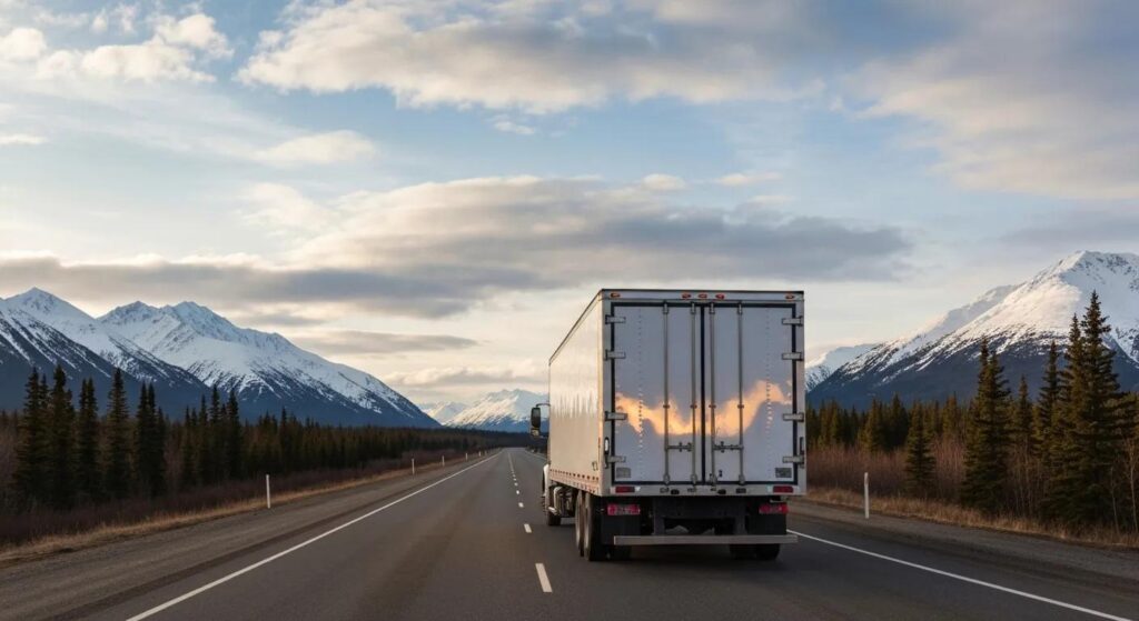 realistic, wide panoramic scene of a long-distance moving truck traveling on an open highway through Alaska’s breathtaking landscape — snowy mountains, evergreen forests, and a partly cloudy sky with northern light hints. The truck is clean, modern, and professional-looking, with secure cargo doors. The composition should feel professional, trustworthy, and inspiring, symbolizing reliability and successful relocation. Include warm sunlight reflections on the truck to evoke safety and optimism. Style: cinematic photography, high detail, 16:9 aspect ratio, vivid yet natural colors