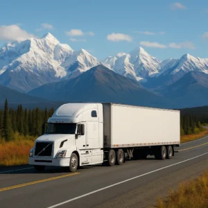 A professional moving truck driving along a scenic road near Anchorage with mountains in the background, symbolizing a safe and reliable long-distance relocation.