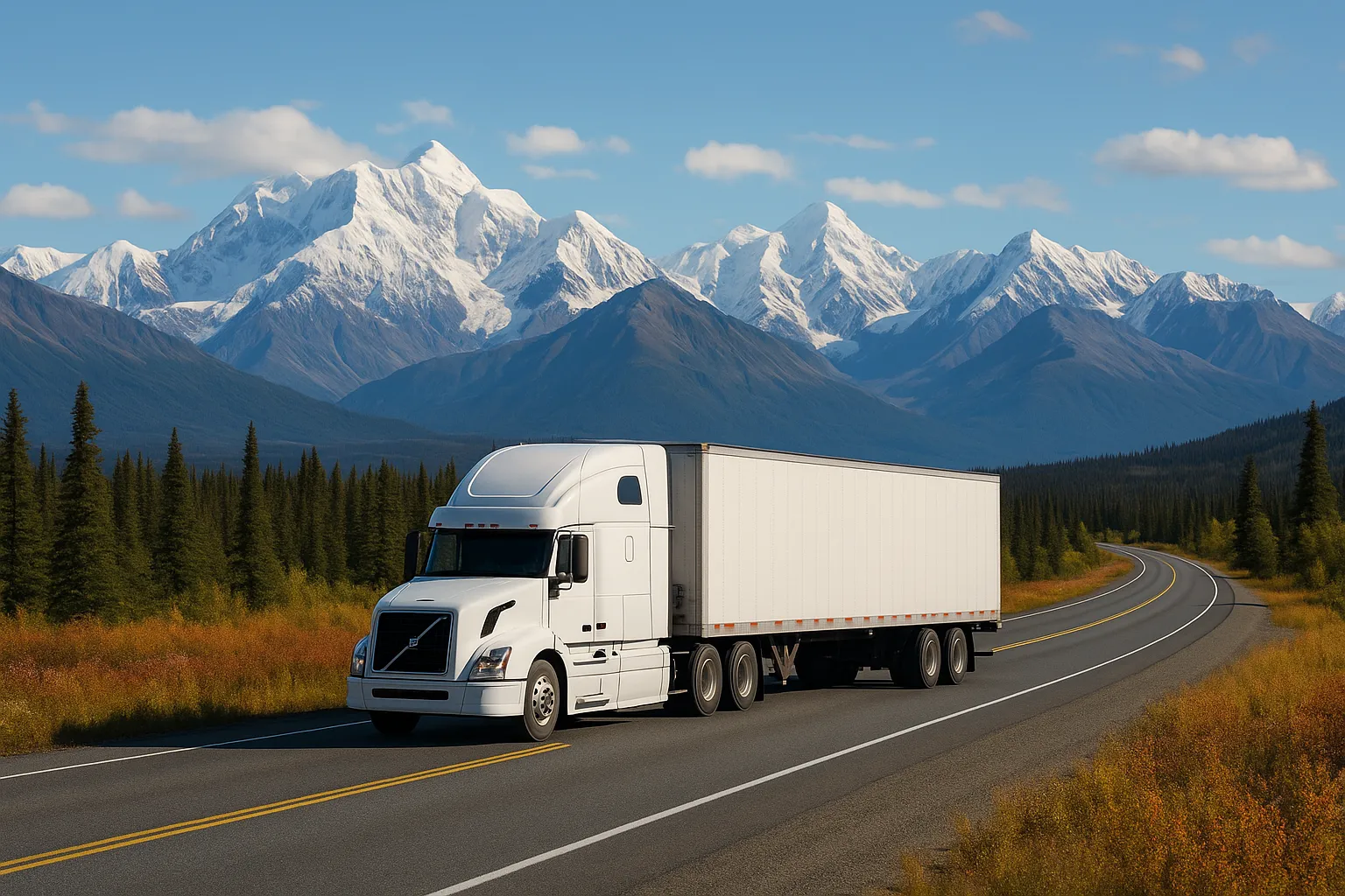 A professional moving truck driving along a scenic road near Anchorage with mountains in the background, symbolizing a safe and reliable long-distance relocation.