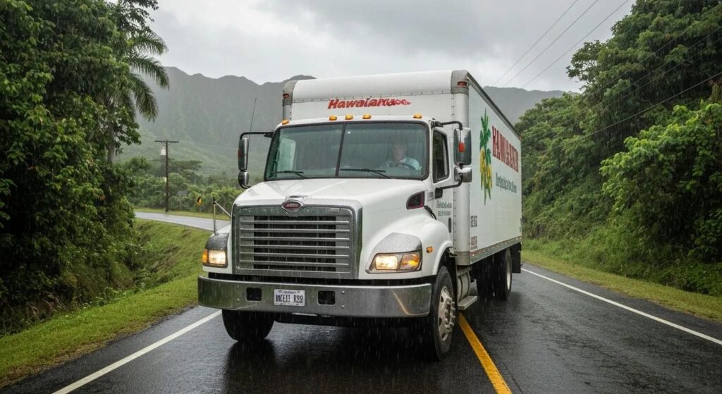 Moving truck navigating challenging weather conditions in Hawaii, illustrating the unique difficulties of relocation