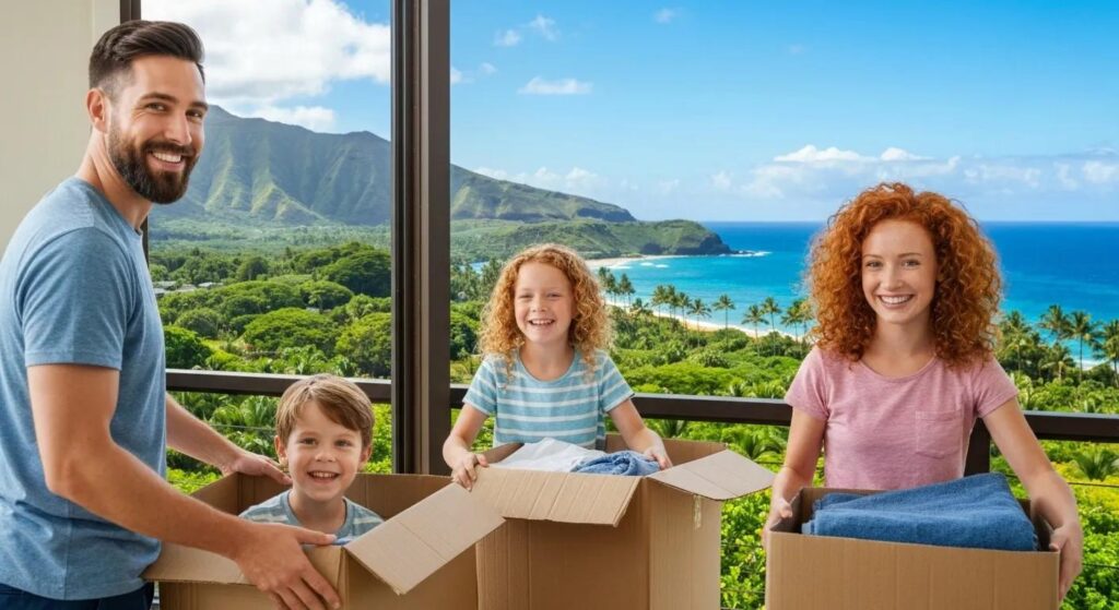 A family happily packing their belongings with a stunning view of the Hawaiian ocean and lush tropical scenery in the background, ready for their move.