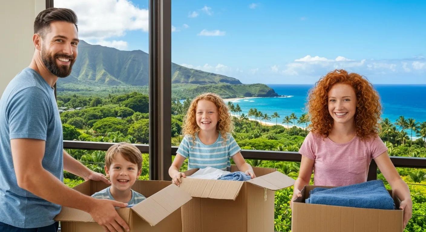 A family happily packing their belongings with a stunning view of the Hawaiian ocean and lush tropical scenery in the background, ready for their move.