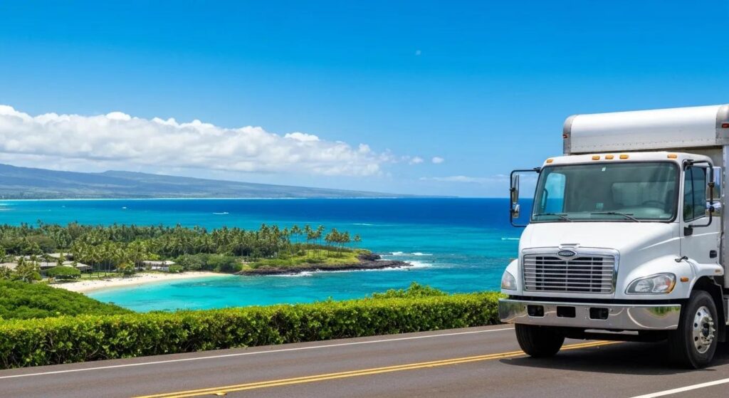 Scenic Hawaiian landscape with a moving truck, symbolizing the importance of moving insurance for Hawaii relocations