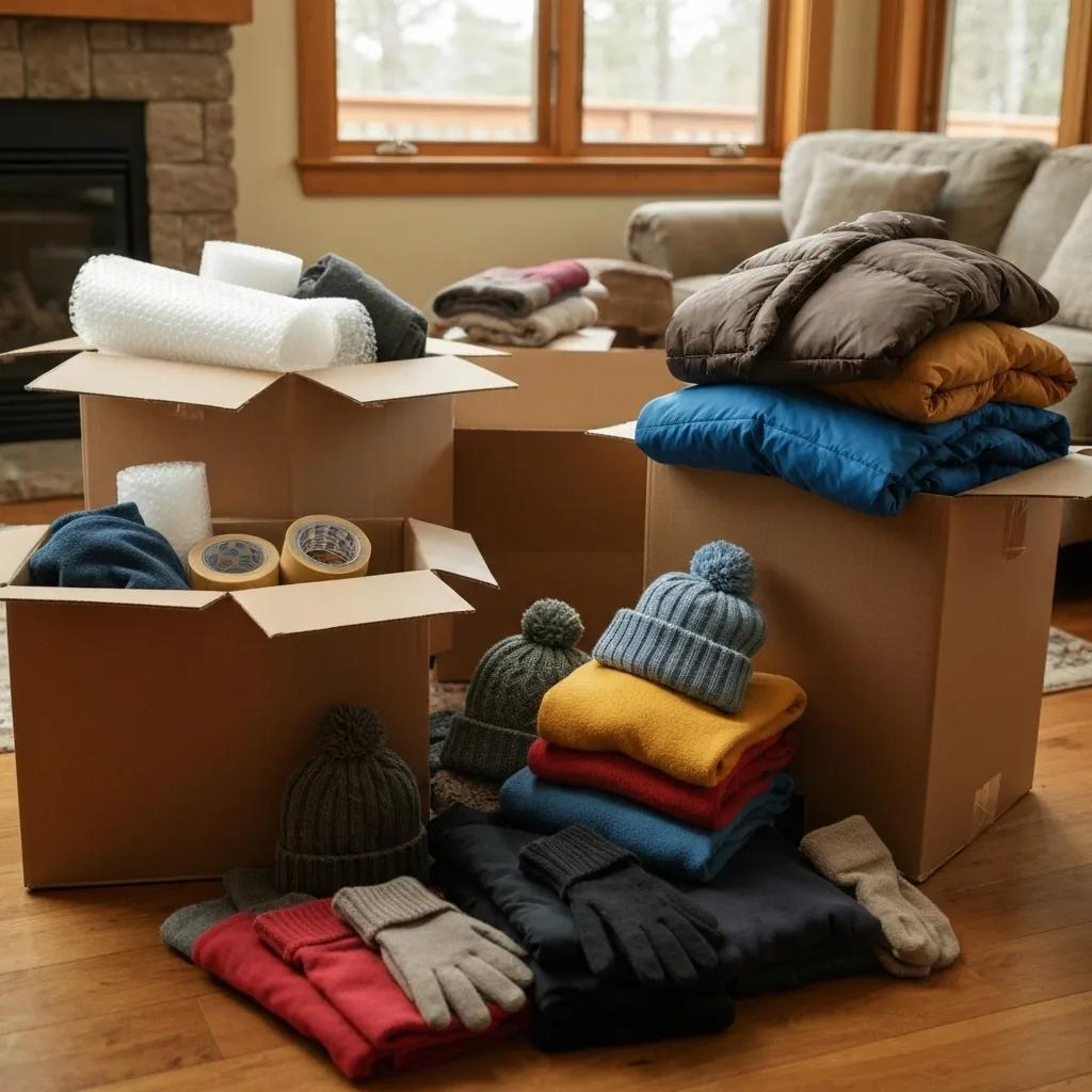 Packing supplies and winter clothing ready for a move to Alaska