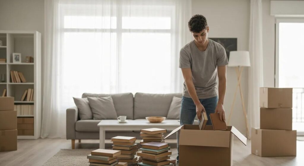 Person decluttering items in a living room before moving