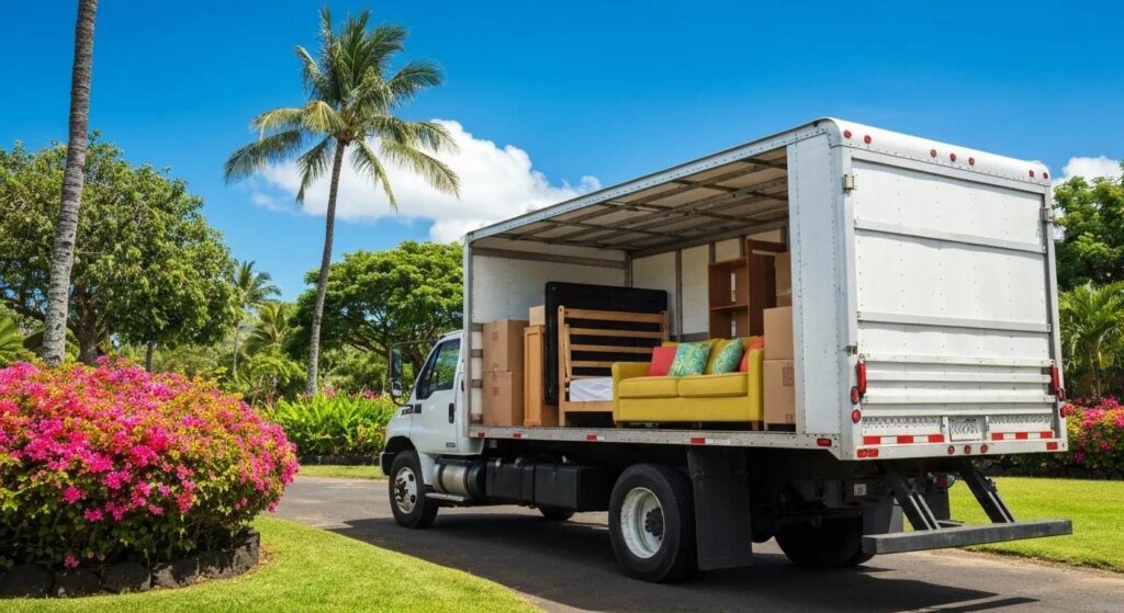 Moving truck in Hawaii with boxes and furniture against a tropical backdrop