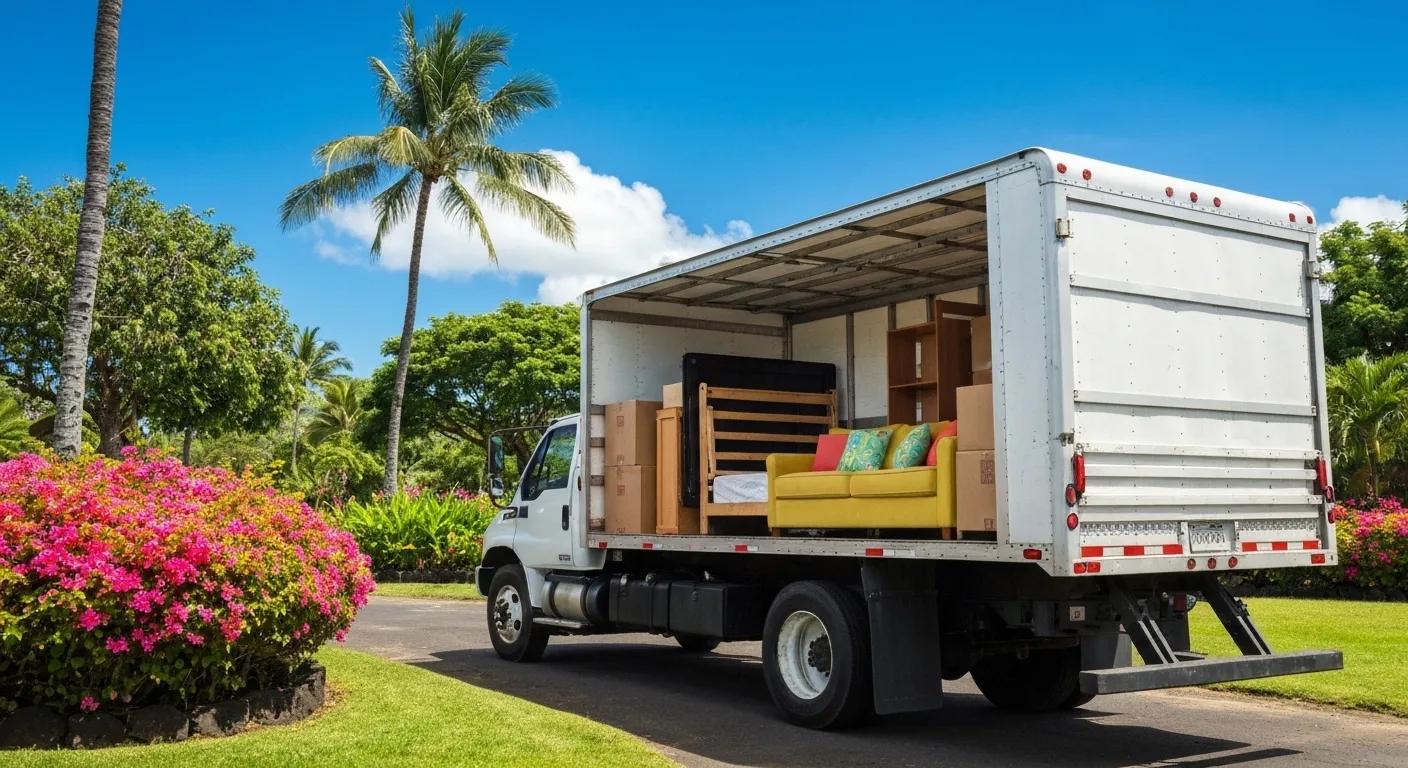 Moving truck in Hawaii with boxes and furniture against a tropical backdrop