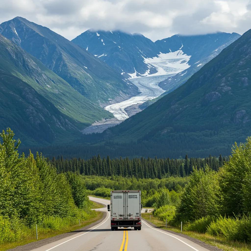 Moving truck on a scenic Alaskan road representing long-distance relocation challenges