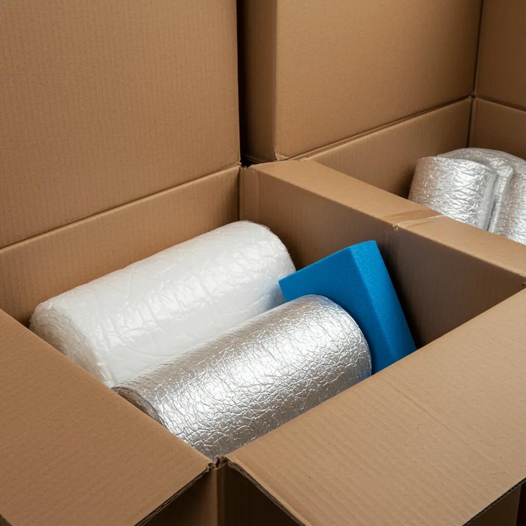 Boxes packed with insulation and moisture-control materials, prepared for the journey to Alaska