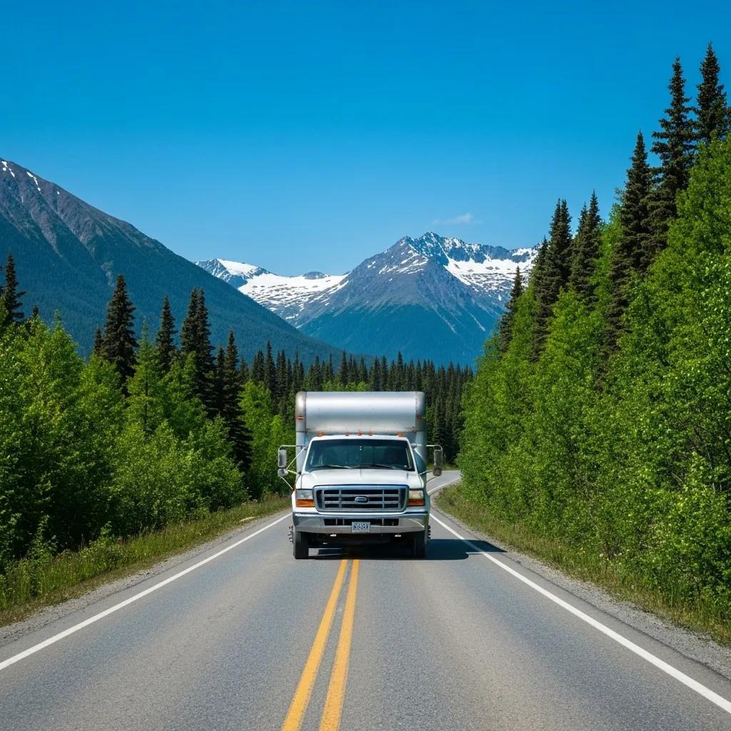 Moving truck driving on an Alaska mountain highway surrounded by evergreen trees and snow-capped peaks.