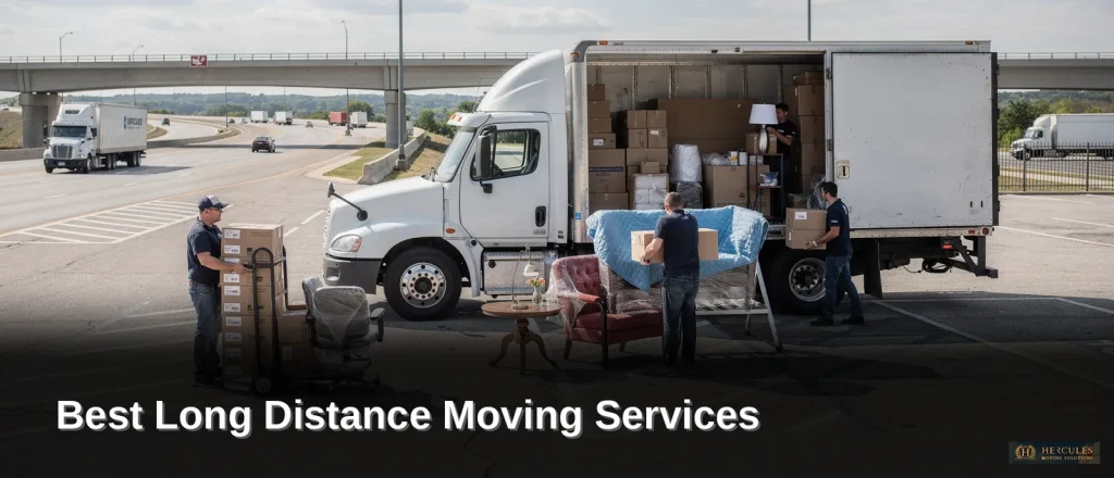 Movers loading furniture and boxes into a truck for professional long-distance moving services