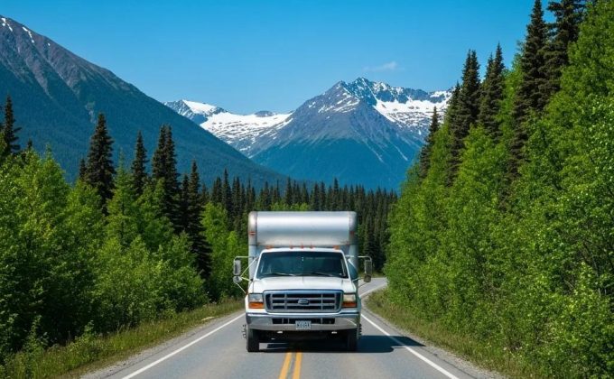 Moving truck driving on an Alaska mountain highway surrounded by evergreen trees and snow-capped peaks.