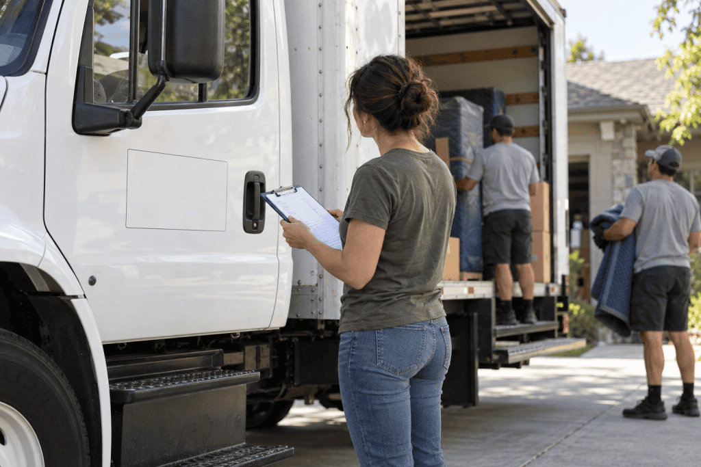 Homeowner checking a moving truck against the bill of lading before a long-distance move