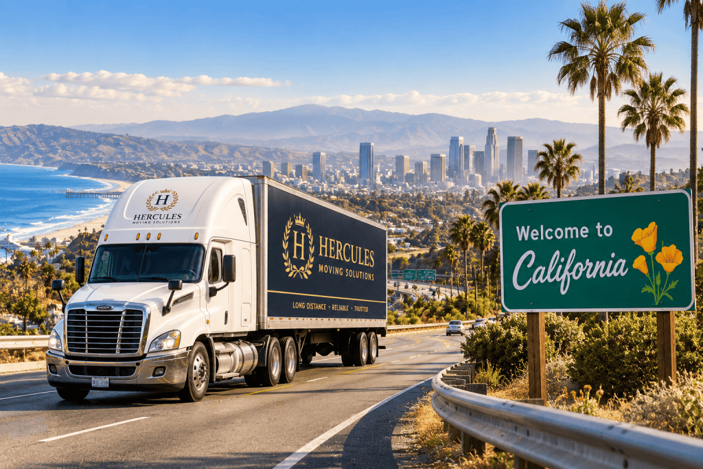 Hercules Moving Solutions truck arriving in California for long-distance moving services