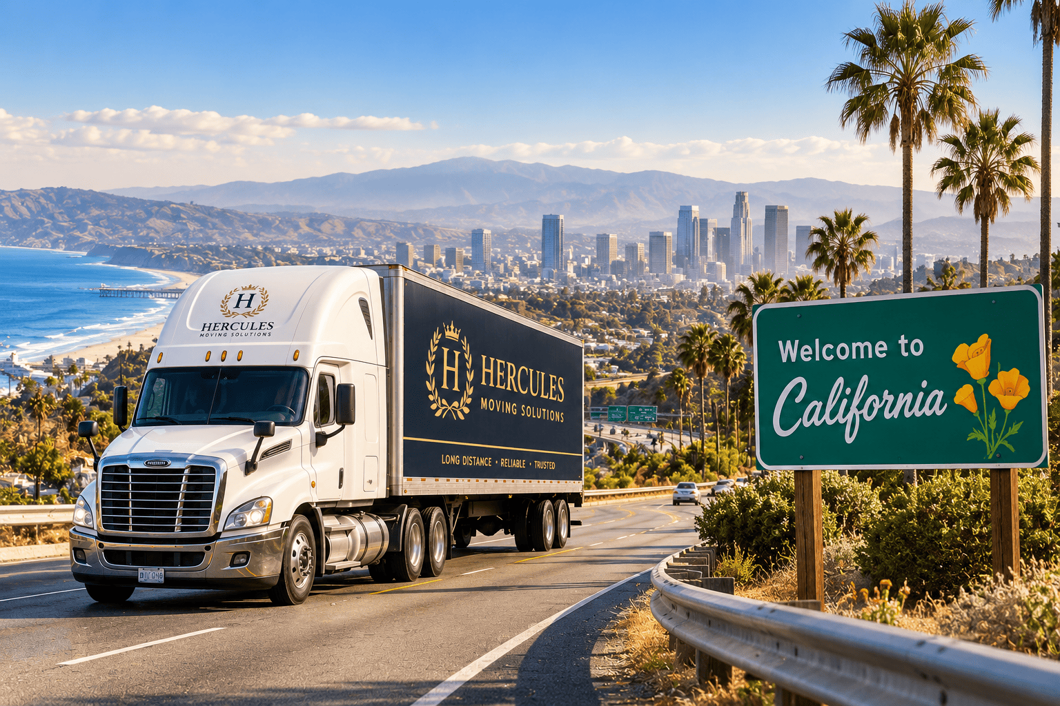 Hercules Moving Solutions truck arriving in California for long-distance moving services