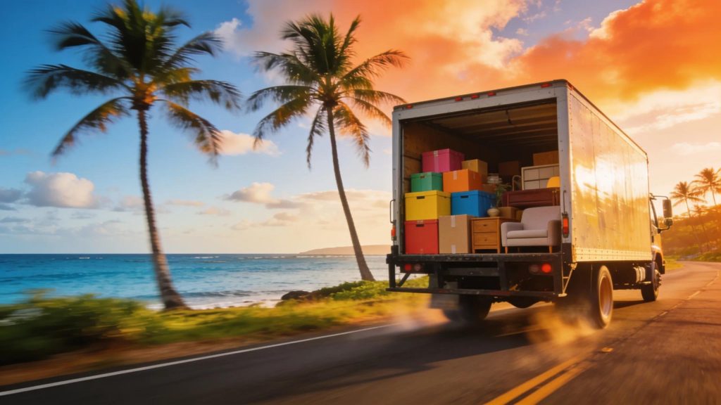 Moving truck carrying household belongings along a coastal road during a Hawaii relocation