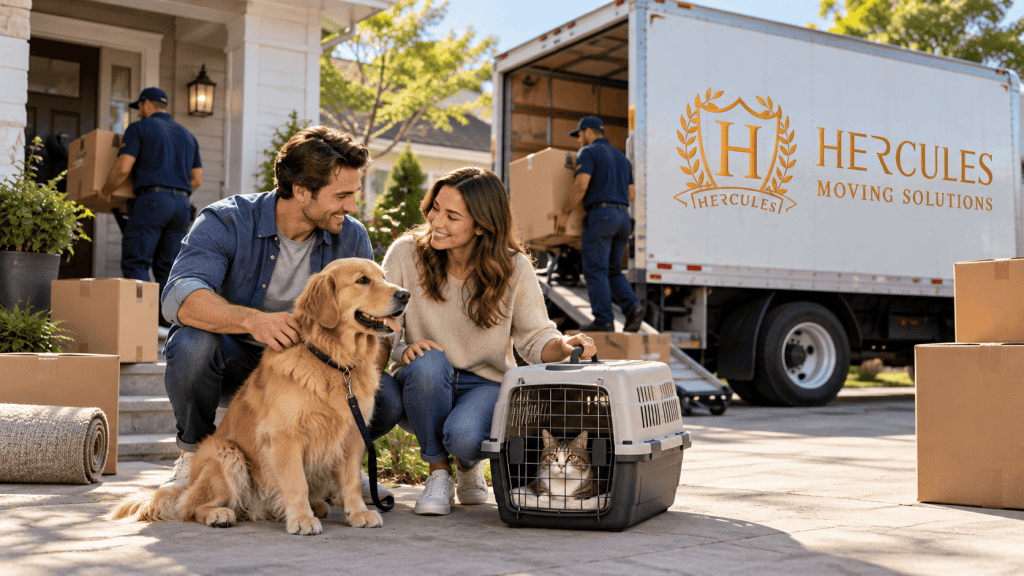 Family with dog and cat preparing for a long-distance move with professional movers
