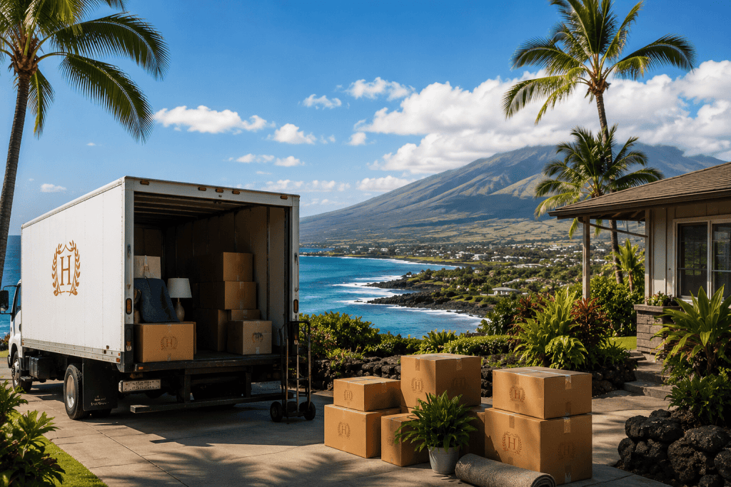 Moving truck and boxes outside a Big Island home for long-distance moving to Hawaii