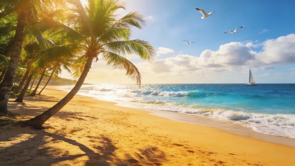 Tropical Hawaii beach with palm trees and ocean representing relocation to Hawaii