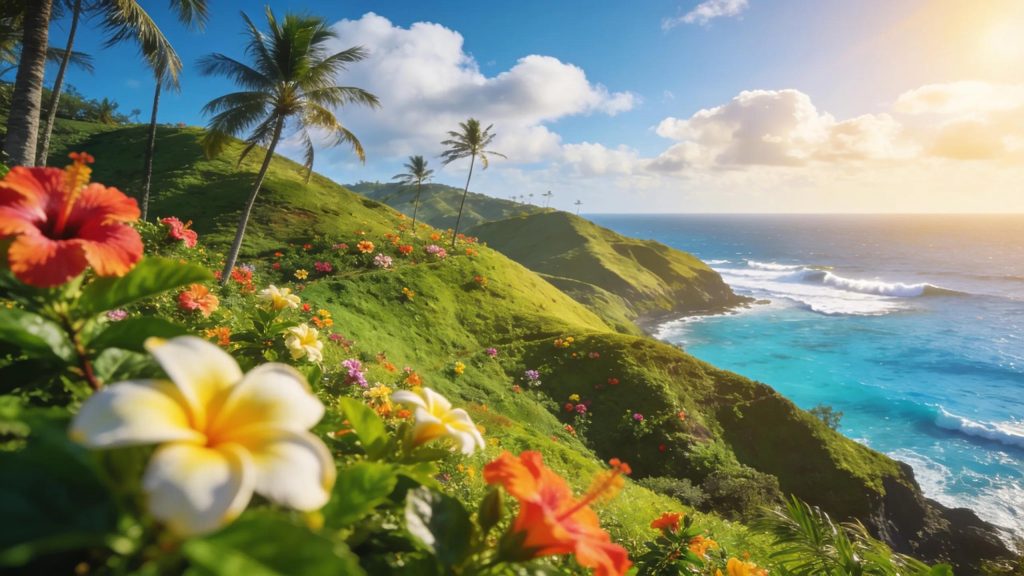 Tropical Hawaii coastline with palm trees and flowers for people planning a move to Hawaii