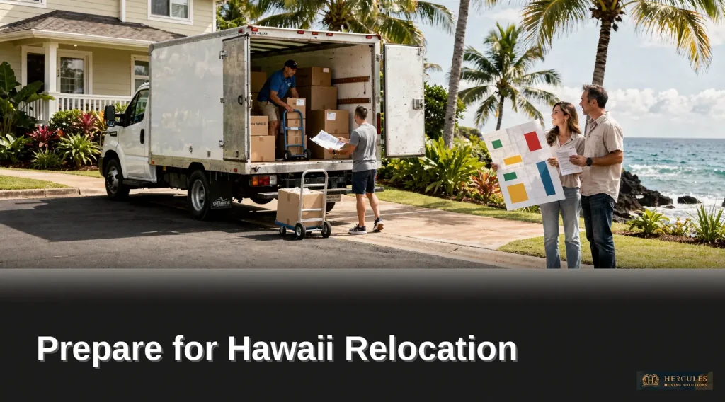 Family preparing for Hawaii relocation while movers load boxes into a moving truck