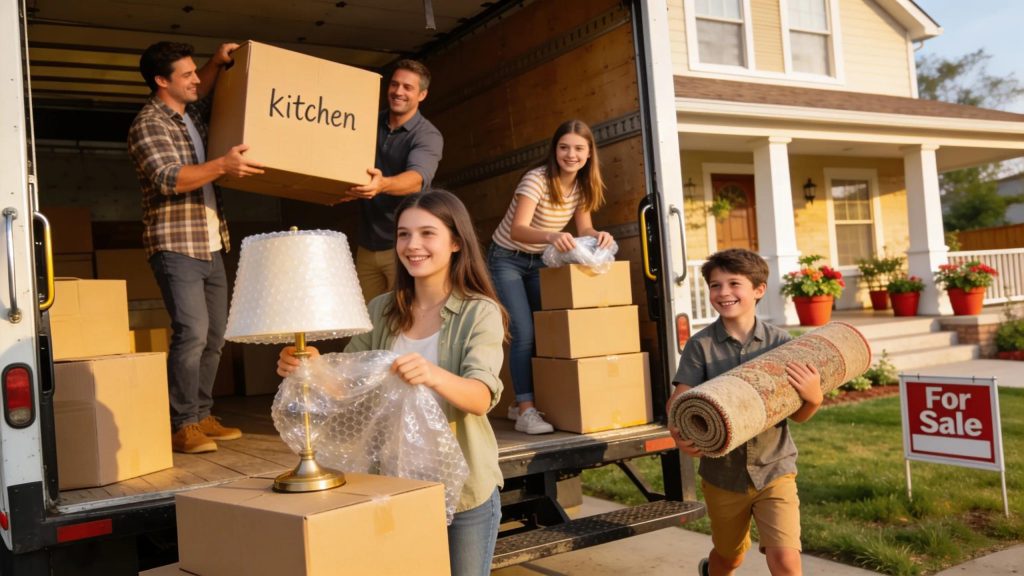 Family loading boxes and household items into a truck for residential moving services