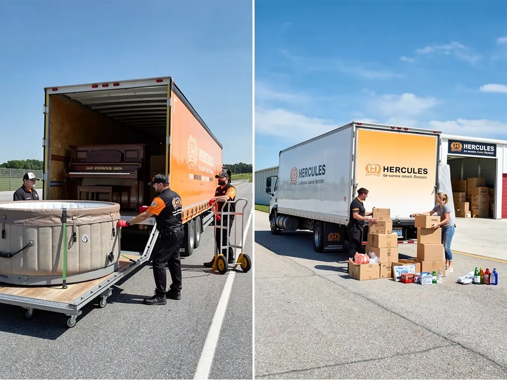 Hercules movers loading a hot tub and household boxes for long-distance moving services